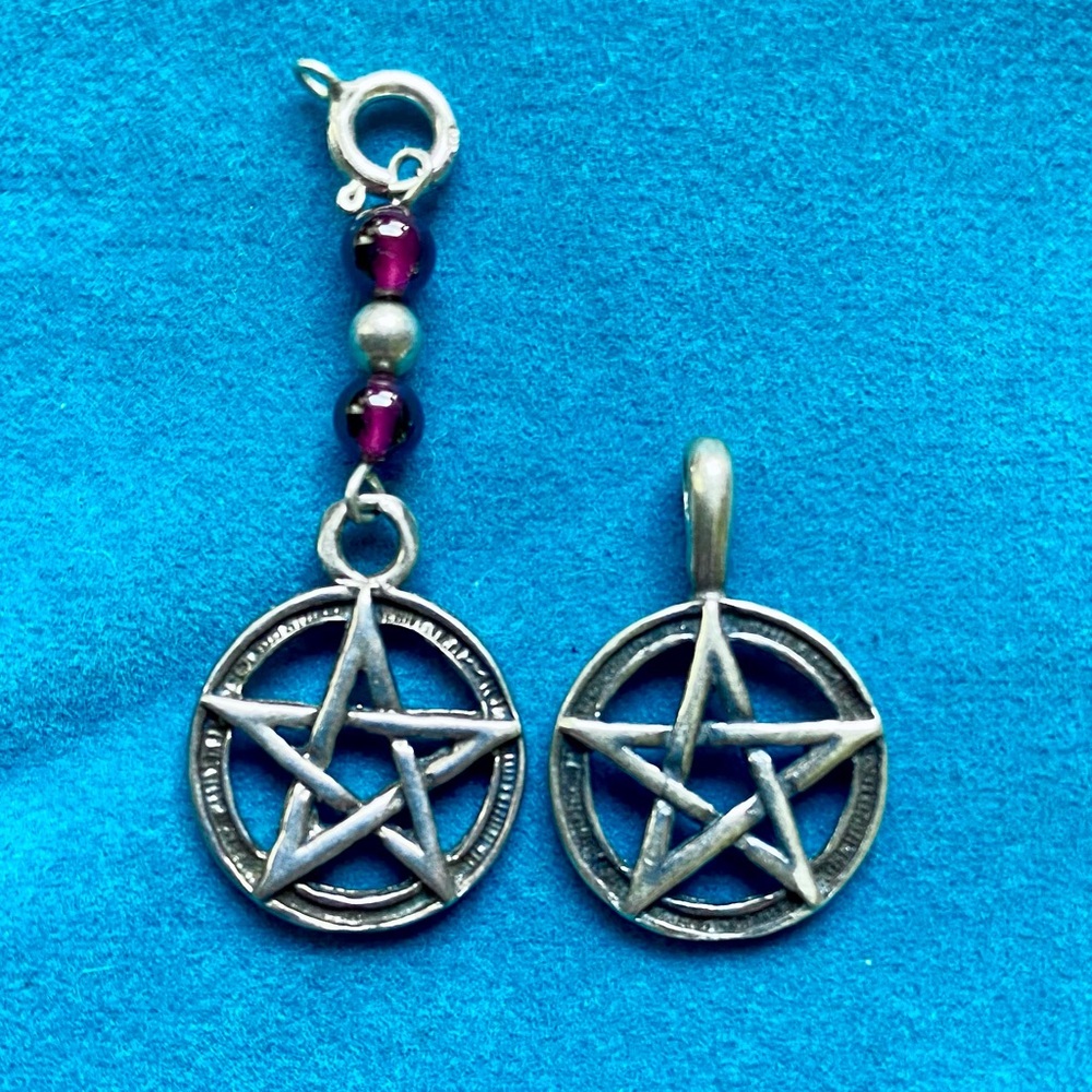 Pair of Sterling Silver Pentacle Pendants with Purple Beads